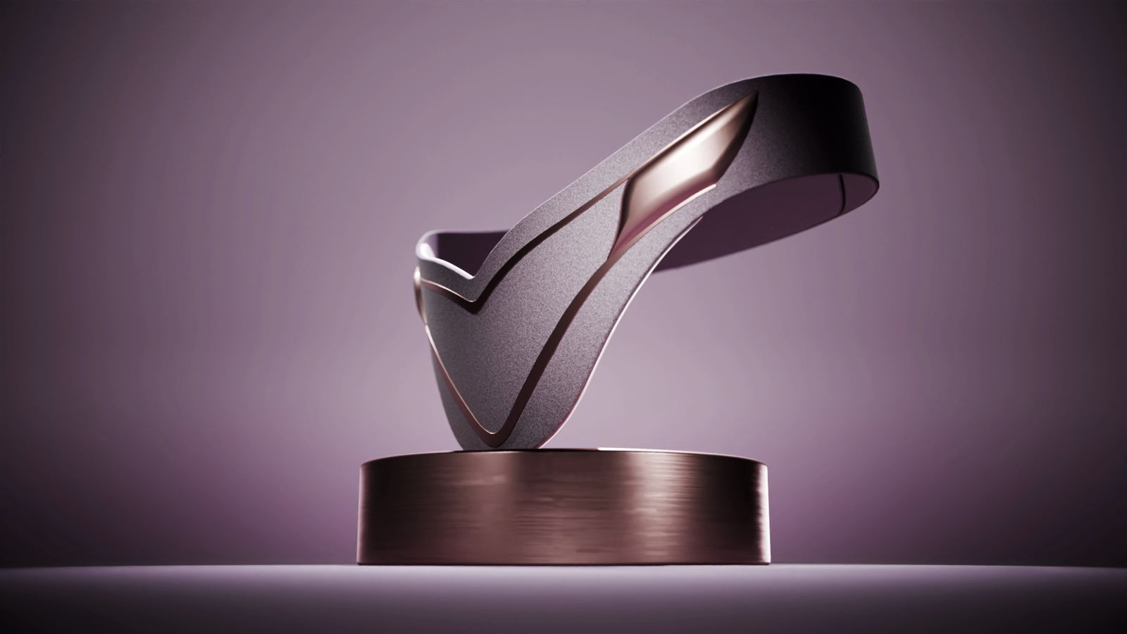 Side three quarter view of the MinaRosa belt resting on its rose gold display ring, soft lavender studio lighting